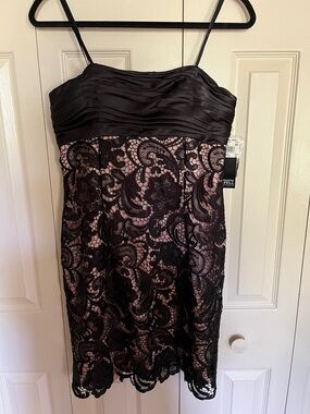 Adrianna Papell Black Lace Strapless Cocktail Dress with Nude Underlay